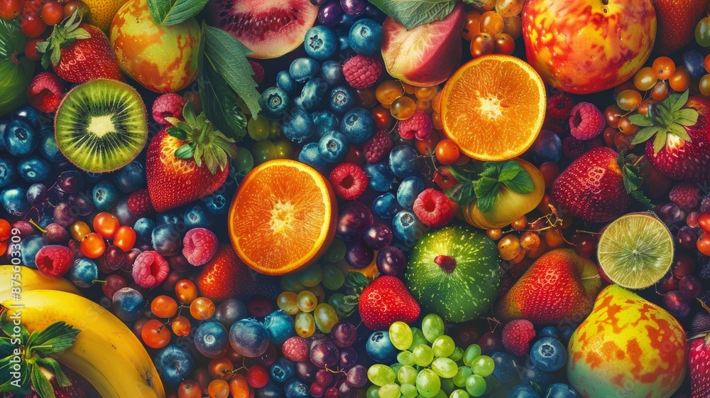 A mix of different fresh fruits creating a colorful and vibrant background A mix of different fresh fruits creating a colorful and vibrant background