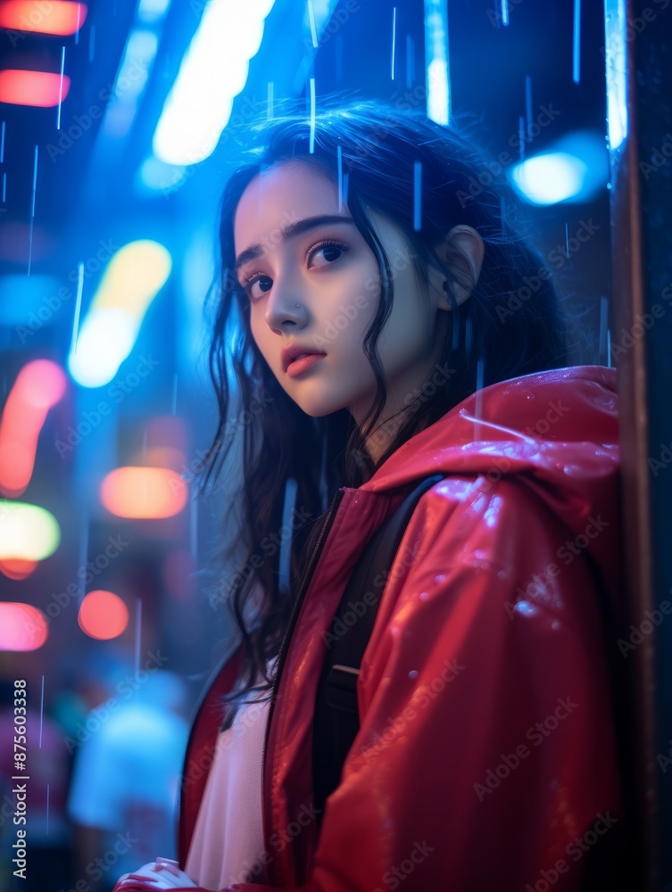 Fototapeta premium a woman in a red jacket standing in the rain