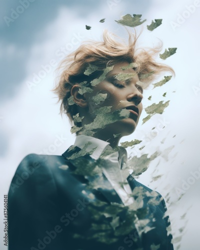 a woman in a suit is surrounded by leaves