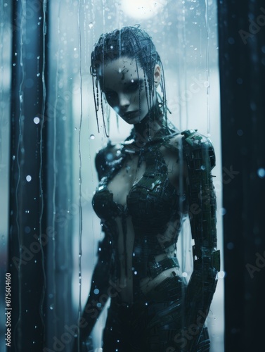 a woman in a suit standing in the rain