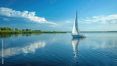 Tranquil Sailing Adventure: Small Boat Gliding on a Sparkling Lake under Bright Blue Skies
