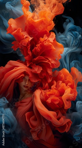 a woman in an orange dress is surrounded by blue and red smoke