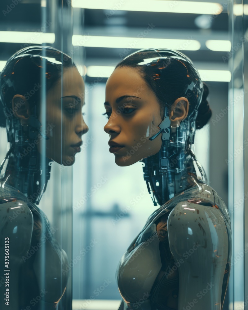 a woman in front of a mirror with a robot in the background a woman in front of a mirror with a robot in the background