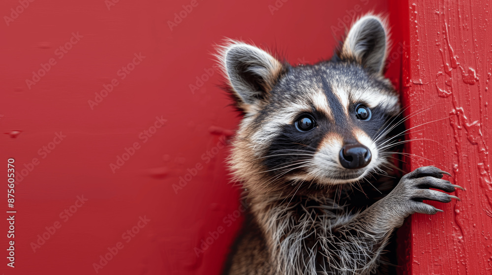 Adorable raccoon peeking out of a red background, portrait shot for animal store banner Adorable raccoon peeking out of a red background, portrait shot for animal store banner