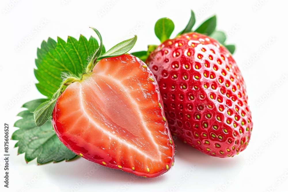 Isolated strawberry with halved fruit and leaf on white background for enhanced search relevance Isolated strawberry with halved fruit and leaf on white background for enhanced search relevance