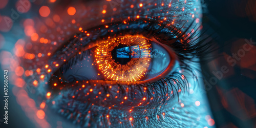 Illustration of digital eye neon style on dark blue background, computer vision and hightech technology concept. 3D Rendering  © VertigoAI