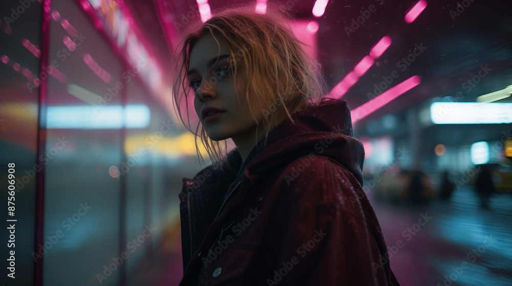 a woman standing in the rain with neon lights a woman standing in the rain with neon lights