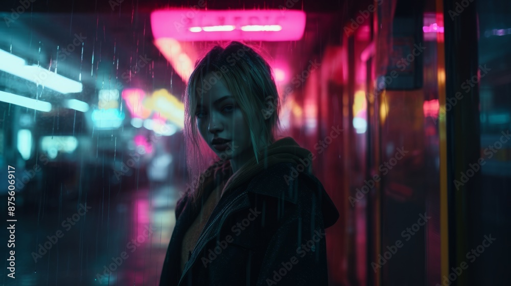 a woman standing in the rain with neon lights a woman standing in the rain with neon lights