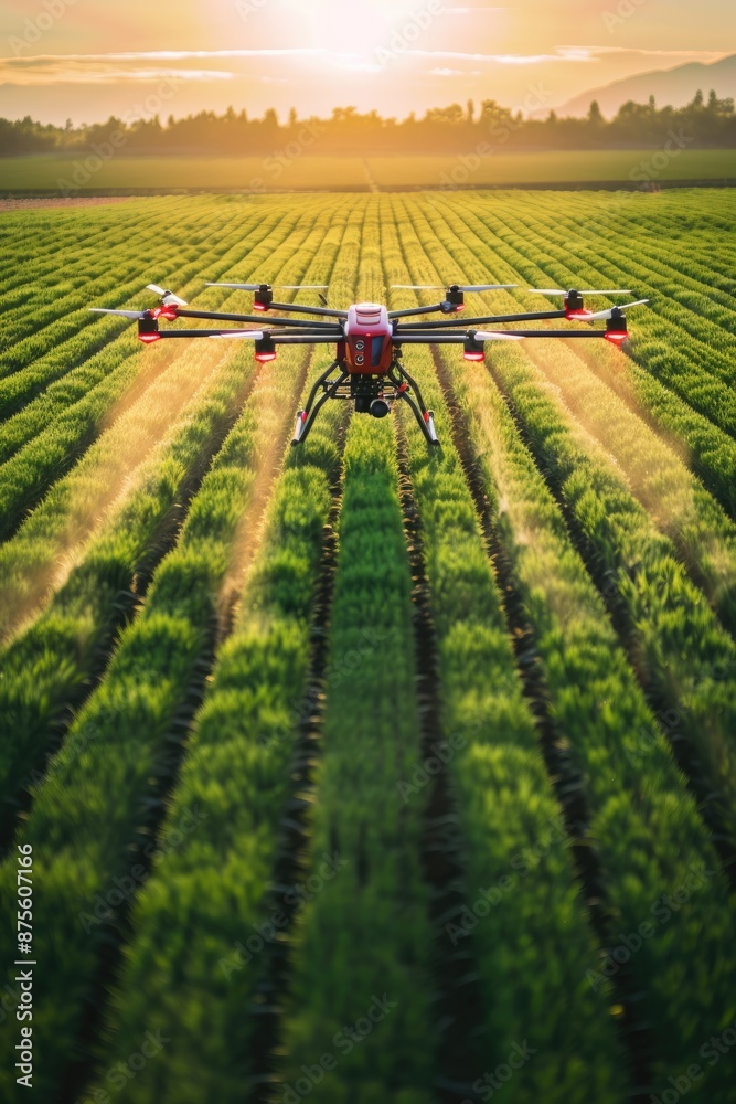 Fototapeta premium Future farming - agriculture drone fertilizing a field, innovative technology enhancing crop yield and efficiency, revolutionizing modern agricultural practices for sustainable growth.