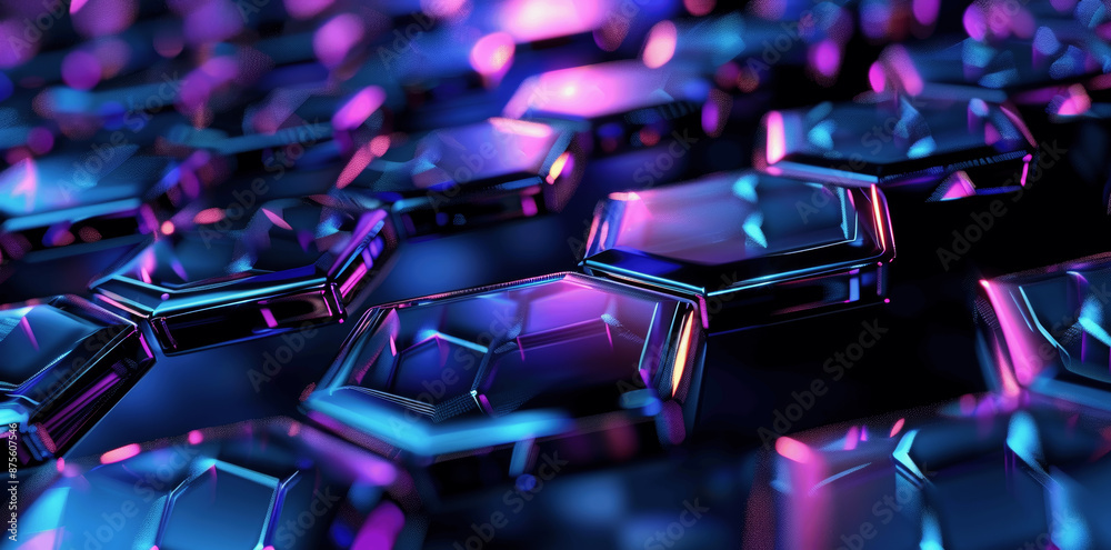 3D Render of Blue and Purple Hexagon Shapes on Dark Shiny Glass Abstract Background 3D Render of Blue and Purple Hexagon Shapes on Dark Shiny Glass Abstract Background