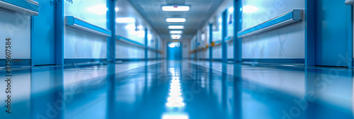 Blurred hospital corridor with blue tones  representing a clean and sterile environment
