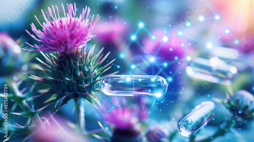 3D illustration of Milk Thistle hologram demonstrating liver health support and detox efficacy photo