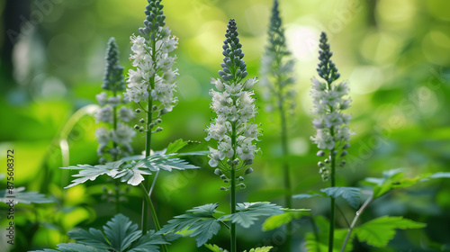 3D illustration of Black Cohosh for menopause relief, featuring hologram of the herb, balanced hormones, and reduced hot flashes for health advertisement