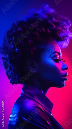 a woman with an afro hairstyle in front of a neon light