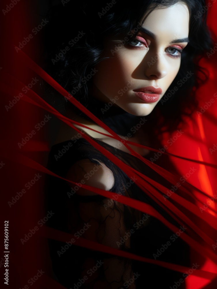 a woman with black hair and red eyes