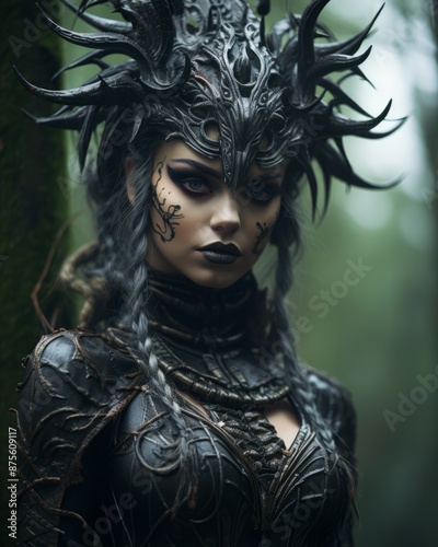 a woman with black makeup and horns in the woods
