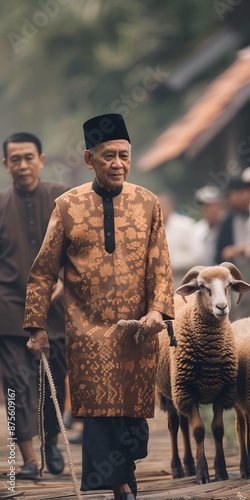 Indonesian man holding a sheep rope, walking together, view from side, blur background of the mosque photo