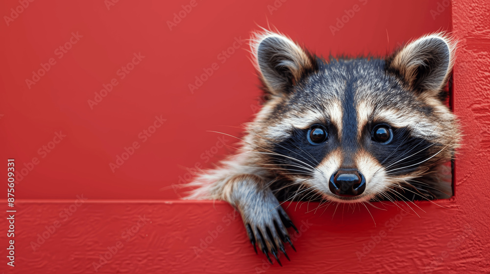 Obraz premium Adorable raccoon peeking around red background for pet shop banner, portrait of a curious furry animal