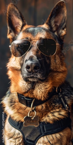 Stylish German Shepherd in Uniform and Sunglasses, Representing the Strength and Loyalty of Guard Dogs, Perfect for National Dog Day Promotions photo