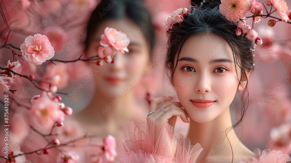 Close-up image of an elegant Asian woman with a loose chignon, wearing a tulle dress, surrounded by soft pink Japanese cherry blossoms Close-up image of an elegant Asian woman with a loose chignon, wearing a tulle dress, surrounded by soft pink Japanese cherry blossoms