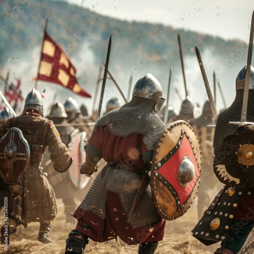 Brave Medieval Soldiers Battling on the Battlefield, Capturing the Valor and Intensity of Historical Warfare, Perfect for History and Medieval-Themed Promotions photo