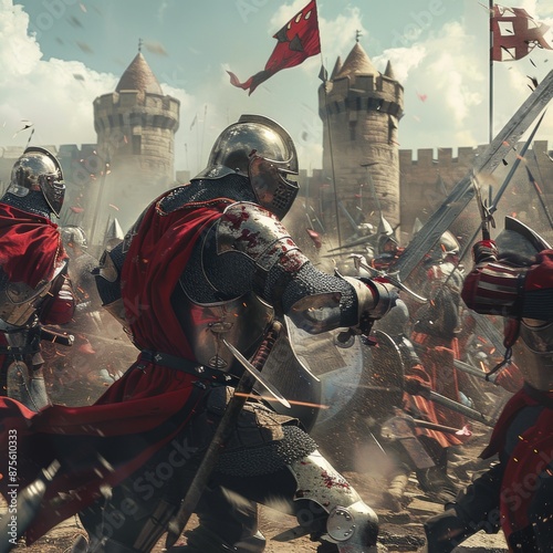 Brave Medieval Soldiers Battling on the Battlefield, Capturing the Valor and Intensity of Historical Warfare, Perfect for History and Medieval-Themed Promotions photo