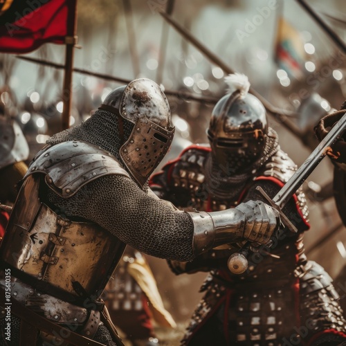 Brave Medieval Soldiers Battling on the Battlefield, Capturing the Valor and Intensity of Historical Warfare, Perfect for History and Medieval-Themed Promotions photo