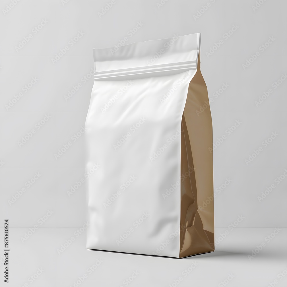 3D rendering of a blank white and brown aluminum foil food or coffee bag packaging with zipper 3D rendering of a blank white and brown aluminum foil food or coffee bag packaging with zipper