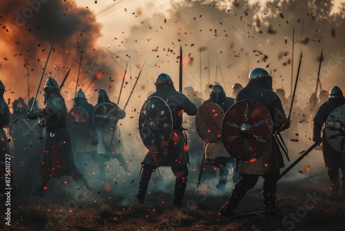 Brave Medieval Soldiers Battling on the Battlefield, Capturing the Valor and Intensity of Historical Warfare, Perfect for History and Medieval-Themed Promotions photo