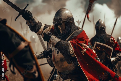 Brave Medieval Soldiers Battling on the Battlefield, Capturing the Valor and Intensity of Historical Warfare, Perfect for History and Medieval-Themed Promotions photo