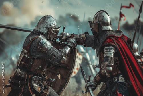 Brave Medieval Soldiers Battling on the Battlefield, Capturing the Valor and Intensity of Historical Warfare, Perfect for History and Medieval-Themed Promotions photo