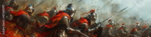 Brave Medieval Soldiers Battling on the Battlefield, Capturing the Valor and Intensity of Historical Warfare, Perfect for History and Medieval-Themed Promotions photo