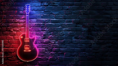 Guitar sign with glowing neon colorful lighting on black brick wall