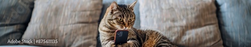 Modern Cat Playing with Smartphone on Sofa at Home, Capturing the Humor and Charm of Pets in Everyday Life, Perfect for National Love Your Pet Day Promotions photo