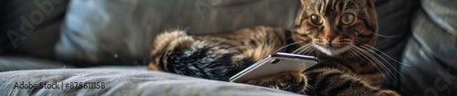 Modern Cat Playing with Smartphone on Sofa at Home, Capturing the Humor and Charm of Pets in Everyday Life, Perfect for National Love Your Pet Day Promotions photo
