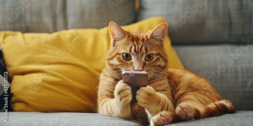 Modern Cat Playing with Smartphone on Sofa at Home, Capturing the Humor and Charm of Pets in Everyday Life, Perfect for National Love Your Pet Day Promotions photo
