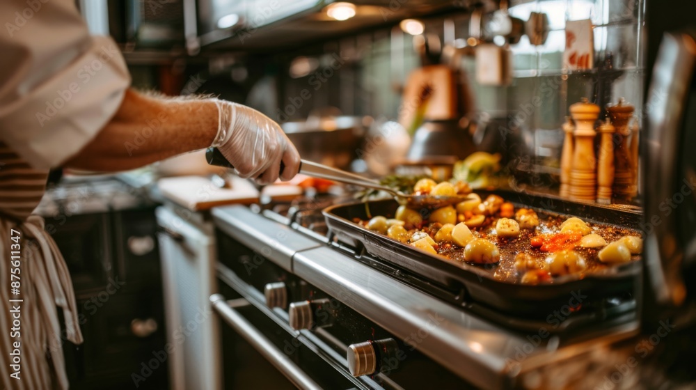 A chef cooking a dish in an oven, ideal for promoting professional culinary equipment and kitchen appliances A chef cooking a dish in an oven, ideal for promoting professional culinary equipment and kitchen appliances