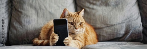 Modern Cat Playing with Smartphone on Sofa at Home, Capturing the Humor and Charm of Pets in Everyday Life, Perfect for National Love Your Pet Day Promotions photo