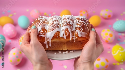 Hands holding easter traditional sweet bread paska decorated with sugar icing isolated on colorful background photo