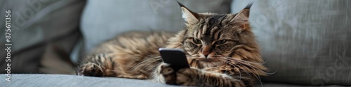 Modern Cat Playing with Smartphone on Sofa at Home, Capturing the Humor and Charm of Pets in Everyday Life, Perfect for National Love Your Pet Day Promotions photo
