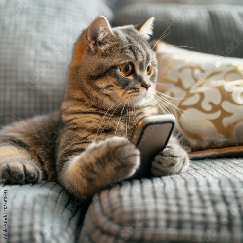 Modern Cat Playing with Smartphone on Sofa at Home, Capturing the Humor and Charm of Pets in Everyday Life, Perfect for National Love Your Pet Day Promotions photo