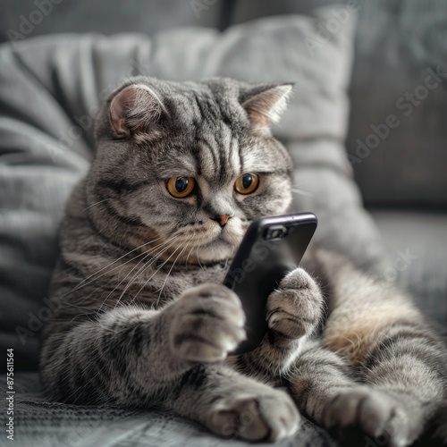 Modern Cat Playing with Smartphone on Sofa at Home, Capturing the Humor and Charm of Pets in Everyday Life, Perfect for National Love Your Pet Day Promotions photo