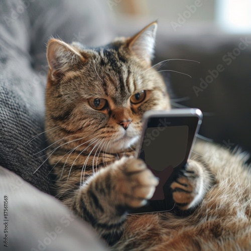 Modern Cat Playing with Smartphone on Sofa at Home, Capturing the Humor and Charm of Pets in Everyday Life, Perfect for National Love Your Pet Day Promotions photo