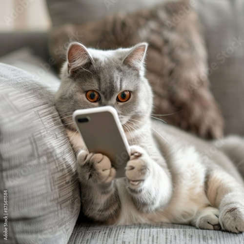 Modern Cat Playing with Smartphone on Sofa at Home, Capturing the Humor and Charm of Pets in Everyday Life, Perfect for National Love Your Pet Day Promotions photo