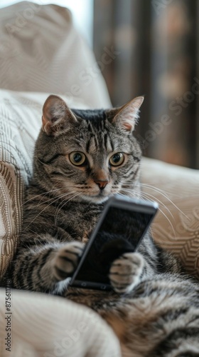 Modern Cat Playing with Smartphone on Sofa at Home, Capturing the Humor and Charm of Pets in Everyday Life, Perfect for National Love Your Pet Day Promotions photo