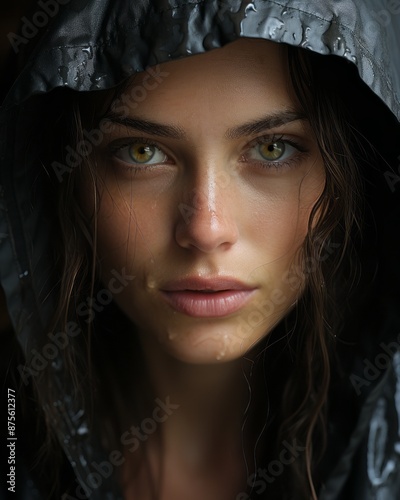 a woman with green eyes and a rain jacket