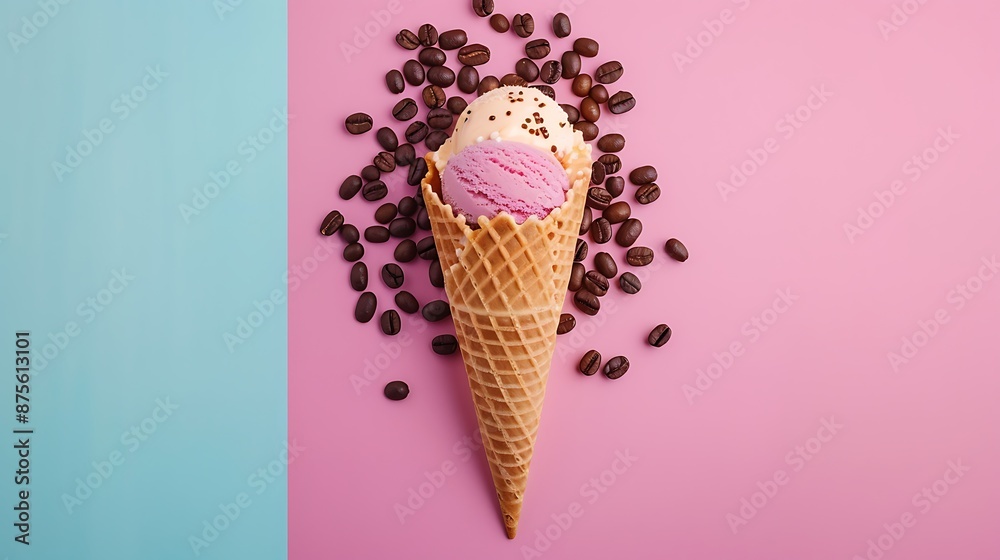 ice cream cone with coffee beans isolated on colorful background ice cream cone with coffee beans isolated on colorful background