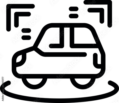 Line icon of a self driving car driving on a digital road, using sensors and ai for navigation