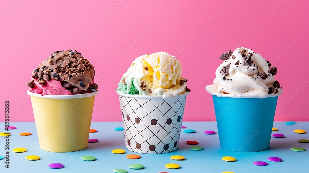 Ice cream cup with topping isolated on colorful background Ice cream cup with topping isolated on colorful background
