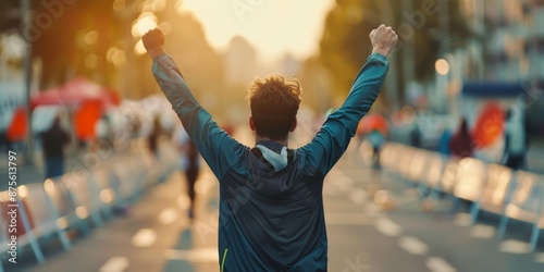 Victorious Athlete Celebrating at Finish Line with Arms Raised, Capturing the Triumph and Joy of Winning, Perfect for Sports and Achievement-Themed Promotions photo